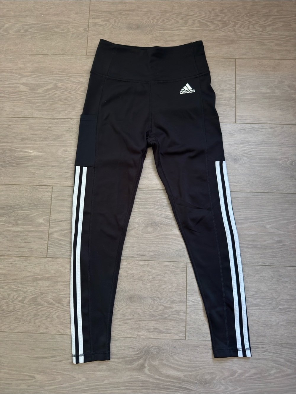 adidas Black Leggings with White Triple Stripes and Side Pocket